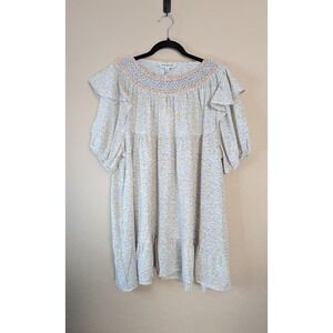 Davi & Dani Smocked Mini Dress Sz M White Floral Cottagecore Boho Peasant Pocket